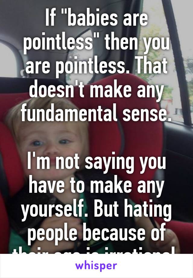 If "babies are pointless" then you are pointless. That doesn't make any fundamental sense.

I'm not saying you have to make any yourself. But hating people because of their age is irrational.