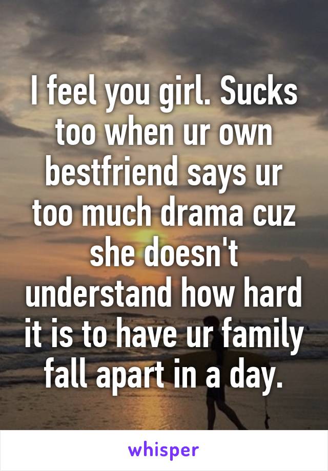 I feel you girl. Sucks too when ur own bestfriend says ur too much drama cuz she doesn't understand how hard it is to have ur family fall apart in a day.