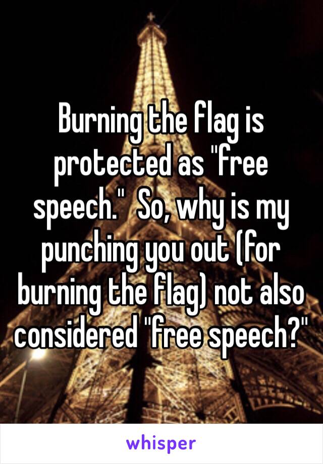 Burning the flag is protected as "free speech."  So, why is my punching you out (for burning the flag) not also considered "free speech?"