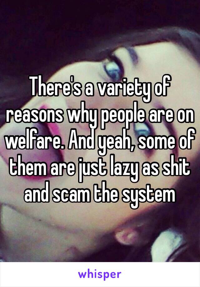 There's a variety of reasons why people are on welfare. And yeah, some of them are just lazy as shit and scam the system