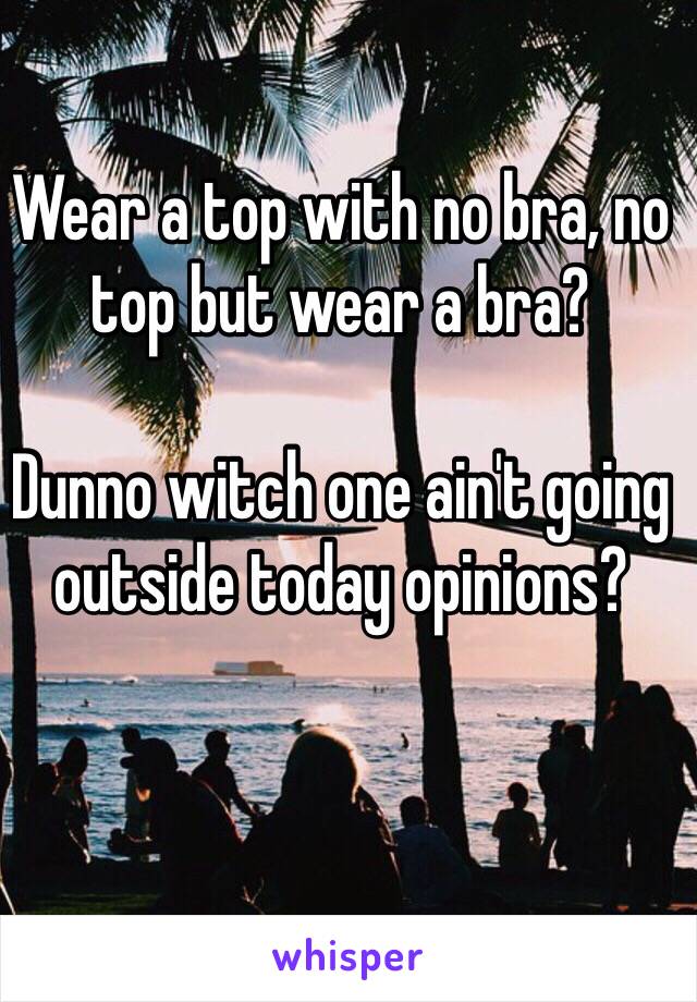Wear a top with no bra, no top but wear a bra?

Dunno witch one ain't going outside today opinions?

