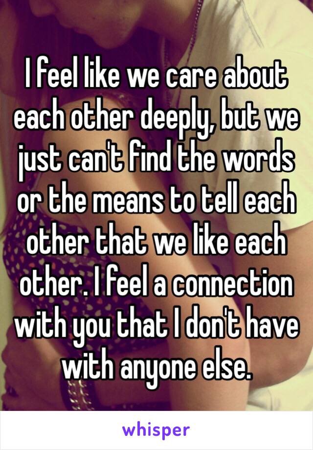 I feel like we care about each other deeply, but we just can't find the words or the means to tell each other that we like each other. I feel a connection with you that I don't have with anyone else.
