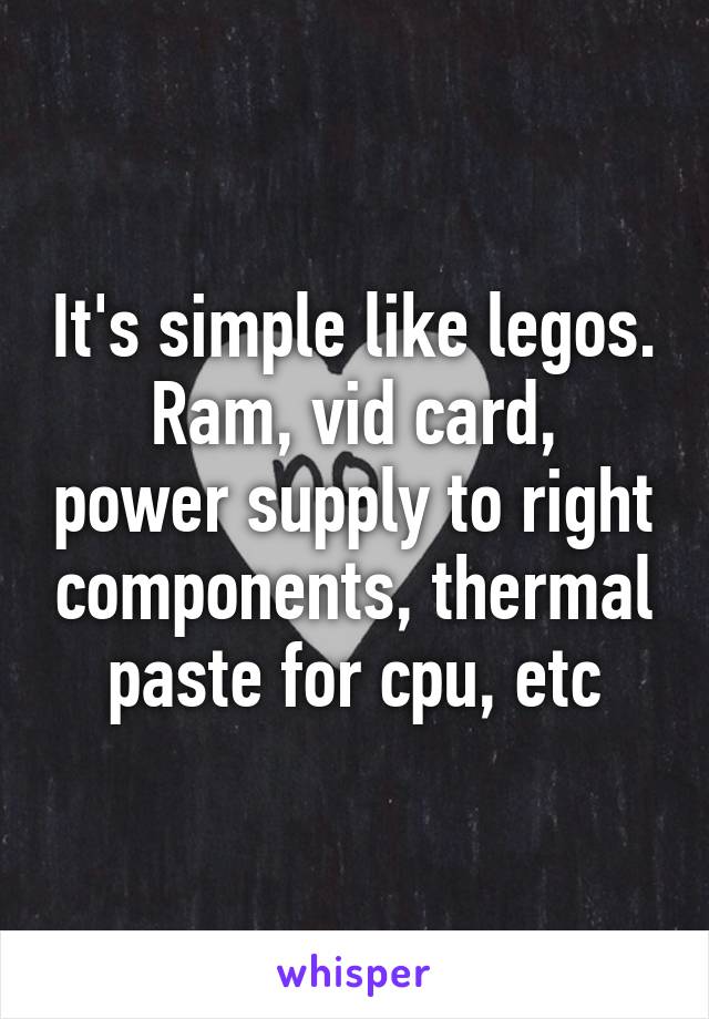 It's simple like legos.
Ram, vid card, power supply to right components, thermal paste for cpu, etc