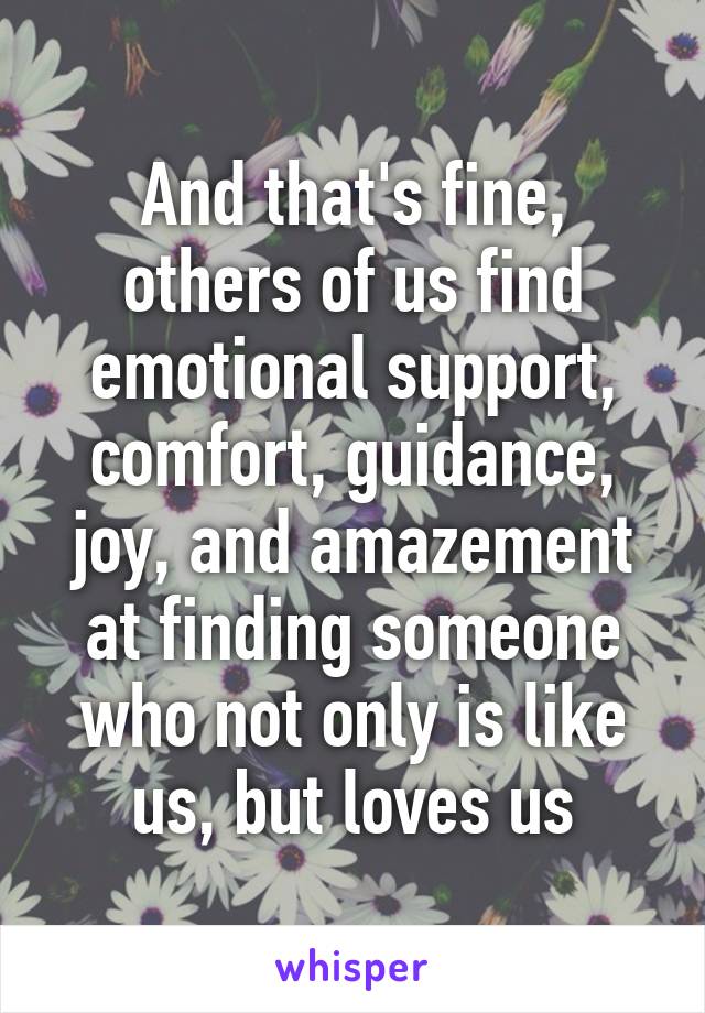 And that's fine, others of us find emotional support, comfort, guidance, joy, and amazement at finding someone who not only is like us, but loves us