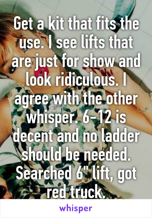 Get a kit that fits the use. I see lifts that are just for show and look ridiculous. I agree with the other whisper. 6-12 is decent and no ladder should be needed. Searched 6" lift, got red truck.