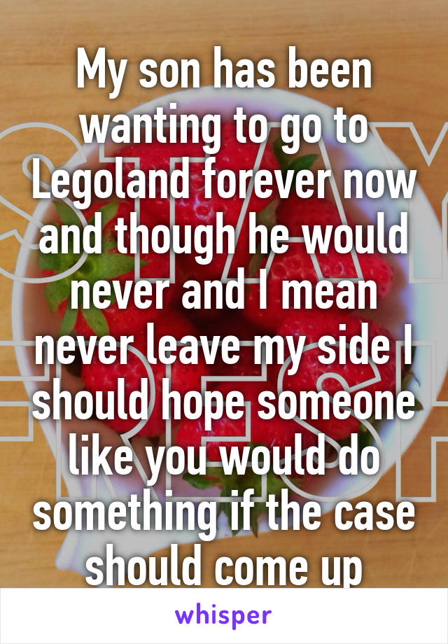 My son has been wanting to go to Legoland forever now and though he would never and I mean never leave my side I should hope someone like you would do something if the case should come up
