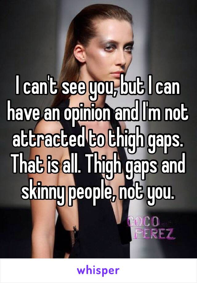 I can't see you, but I can have an opinion and I'm not attracted to thigh gaps. That is all. Thigh gaps and skinny people, not you. 