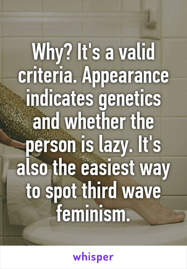 Why? It's a valid criteria. Appearance indicates genetics and whether the person is lazy. It's also the easiest way to spot third wave feminism.