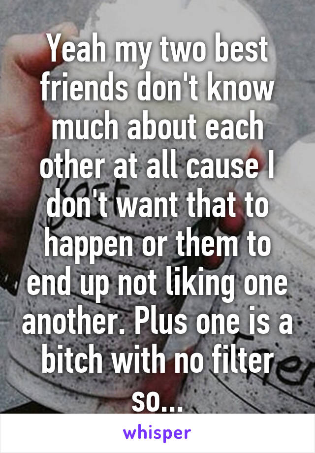 Yeah my two best friends don't know much about each other at all cause I don't want that to happen or them to end up not liking one another. Plus one is a bitch with no filter so...