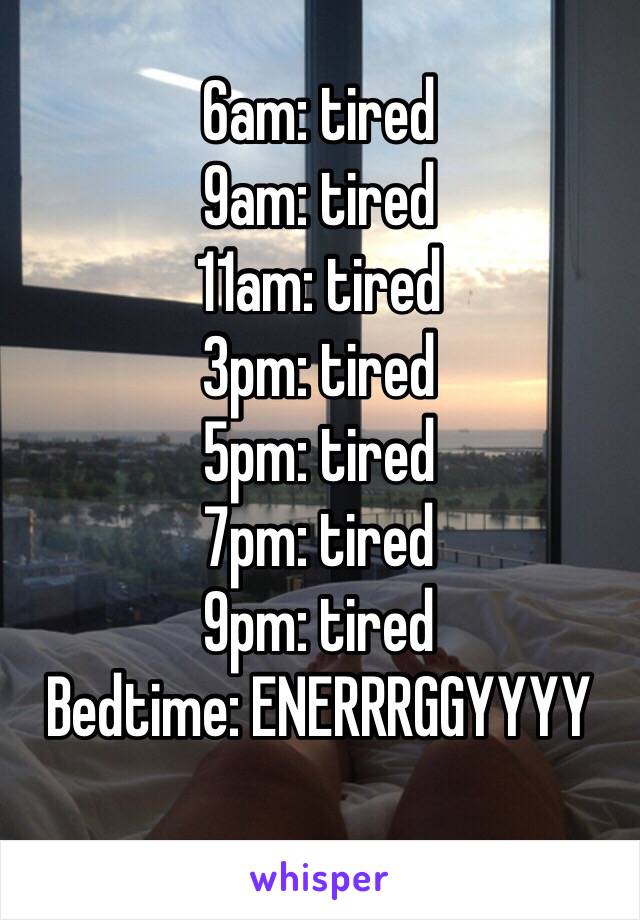 6am: tired
9am: tired
11am: tired
3pm: tired
5pm: tired
7pm: tired
9pm: tired
Bedtime: ENERRRGGYYYY