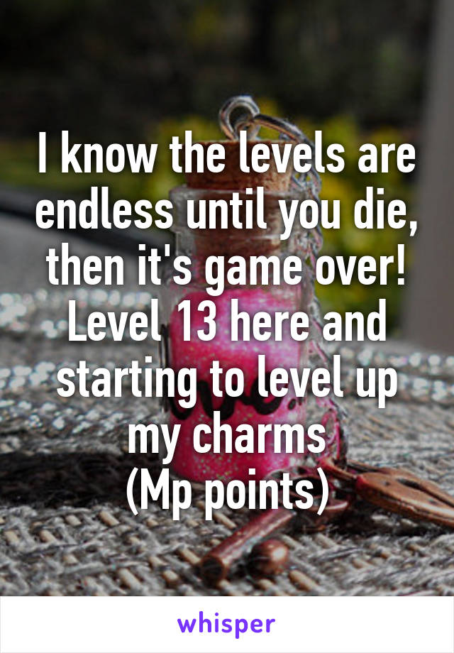 I know the levels are endless until you die, then it's game over! Level 13 here and starting to level up my charms
(Mp points)