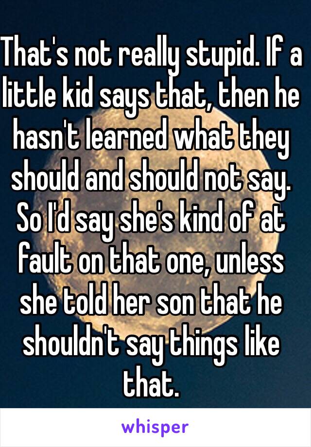 That's not really stupid. If a little kid says that, then he hasn't learned what they should and should not say.  So I'd say she's kind of at fault on that one, unless she told her son that he shouldn't say things like that.