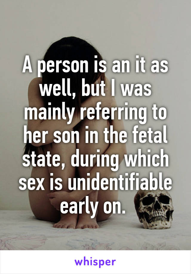 A person is an it as well, but I was mainly referring to her son in the fetal state, during which sex is unidentifiable early on. 