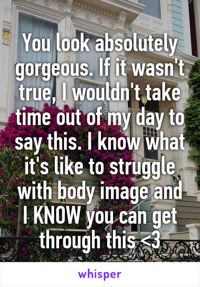 You look absolutely gorgeous. If it wasn't true, I wouldn't take time out of my day to say this. I know what it's like to struggle with body image and I KNOW you can get through this <3