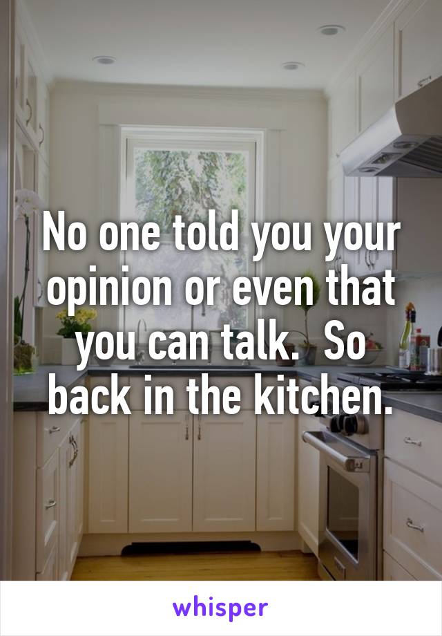 No one told you your opinion or even that you can talk.  So back in the kitchen.