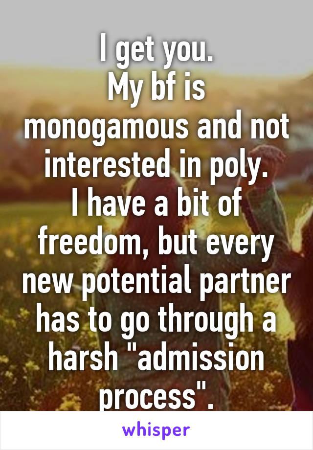 I get you.
My bf is monogamous and not interested in poly.
I have a bit of freedom, but every new potential partner has to go through a harsh "admission process".
