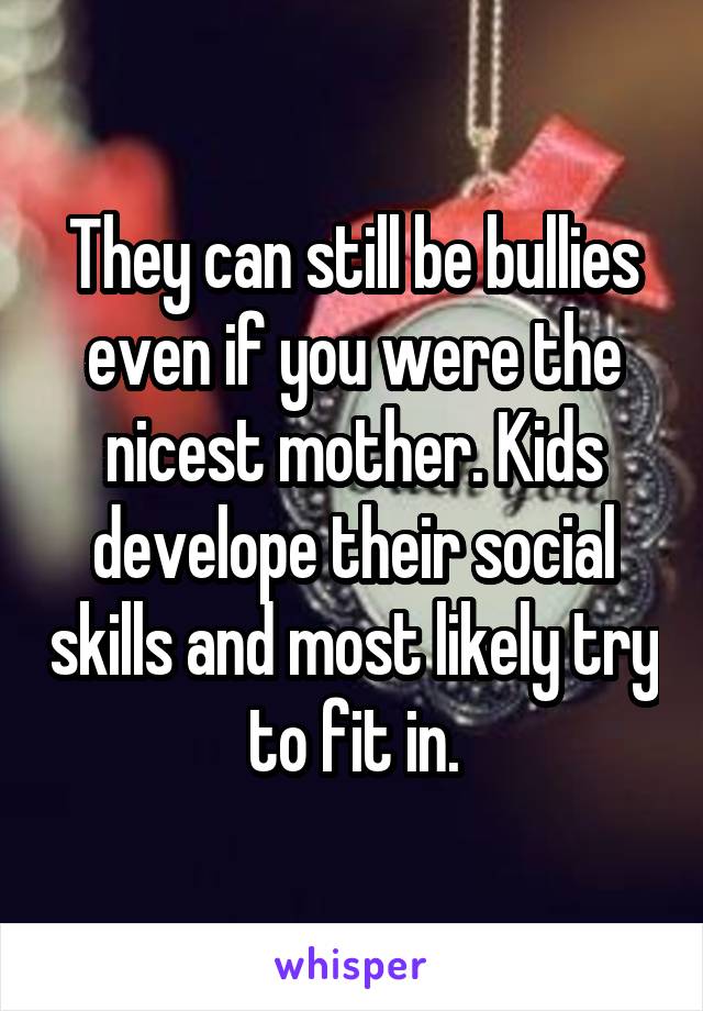 They can still be bullies even if you were the nicest mother. Kids develope their social skills and most likely try to fit in.