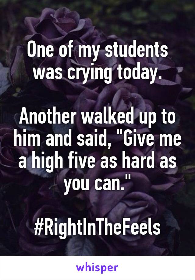 One of my students was crying today.

Another walked up to him and said, "Give me a high five as hard as you can."

#RightInTheFeels