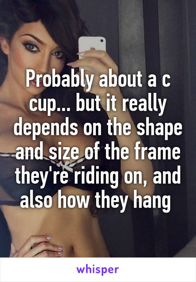 Probably about a c cup... but it really depends on the shape and size of the frame they're riding on, and also how they hang 