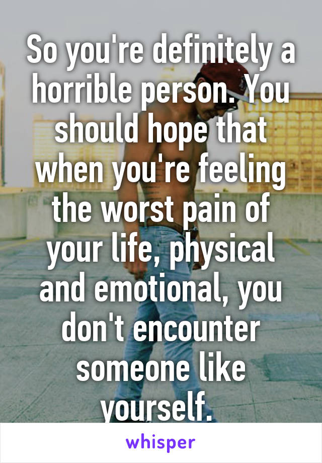 So you're definitely a horrible person. You should hope that when you're feeling the worst pain of your life, physical and emotional, you don't encounter someone like yourself. 