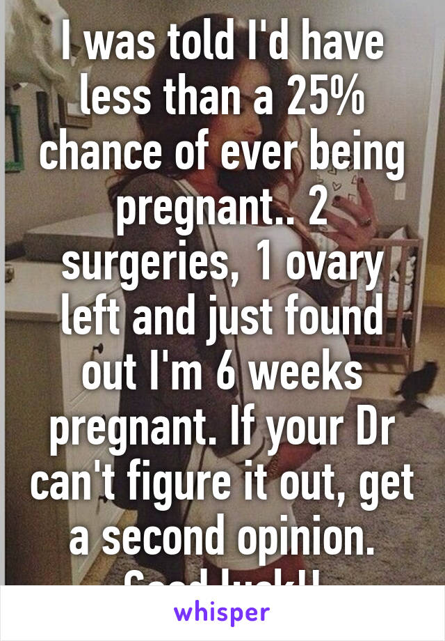 I was told I'd have less than a 25% chance of ever being pregnant.. 2 surgeries, 1 ovary left and just found out I'm 6 weeks pregnant. If your Dr can't figure it out, get a second opinion. Good luck!!