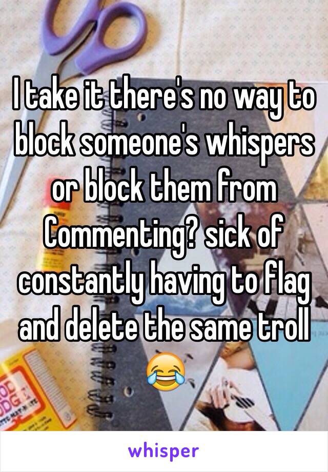 I take it there's no way to block someone's whispers or block them from
Commenting? sick of constantly having to flag and delete the same troll 😂