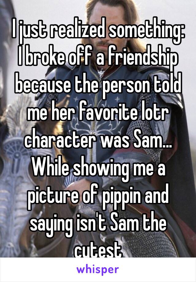 I just realized something:
I broke off a friendship because the person told me her favorite lotr character was Sam... While showing me a picture of pippin and saying isn't Sam the cutest 
