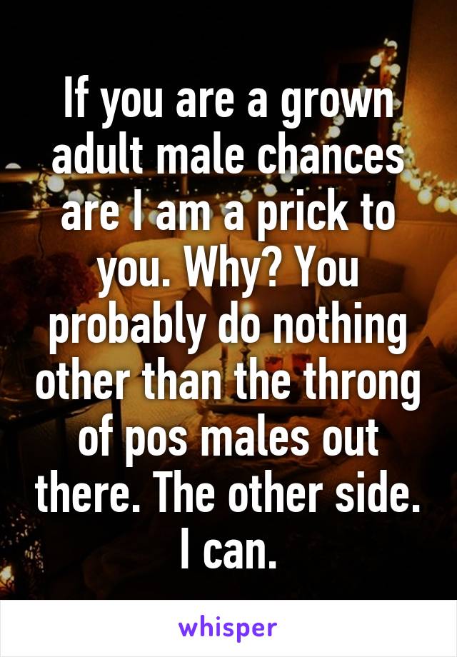 If you are a grown adult male chances are I am a prick to you. Why? You probably do nothing other than the throng of pos males out there. The other side. I can.