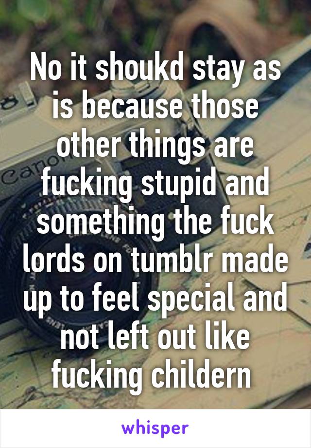 No it shoukd stay as is because those other things are fucking stupid and something the fuck lords on tumblr made up to feel special and not left out like fucking childern 