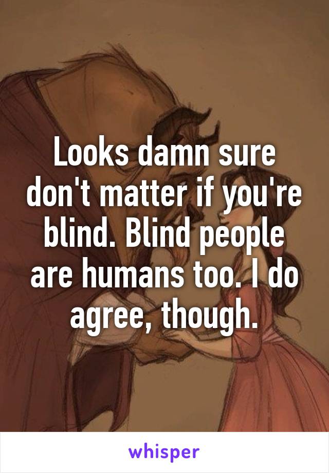 Looks damn sure don't matter if you're blind. Blind people are humans too. I do agree, though.