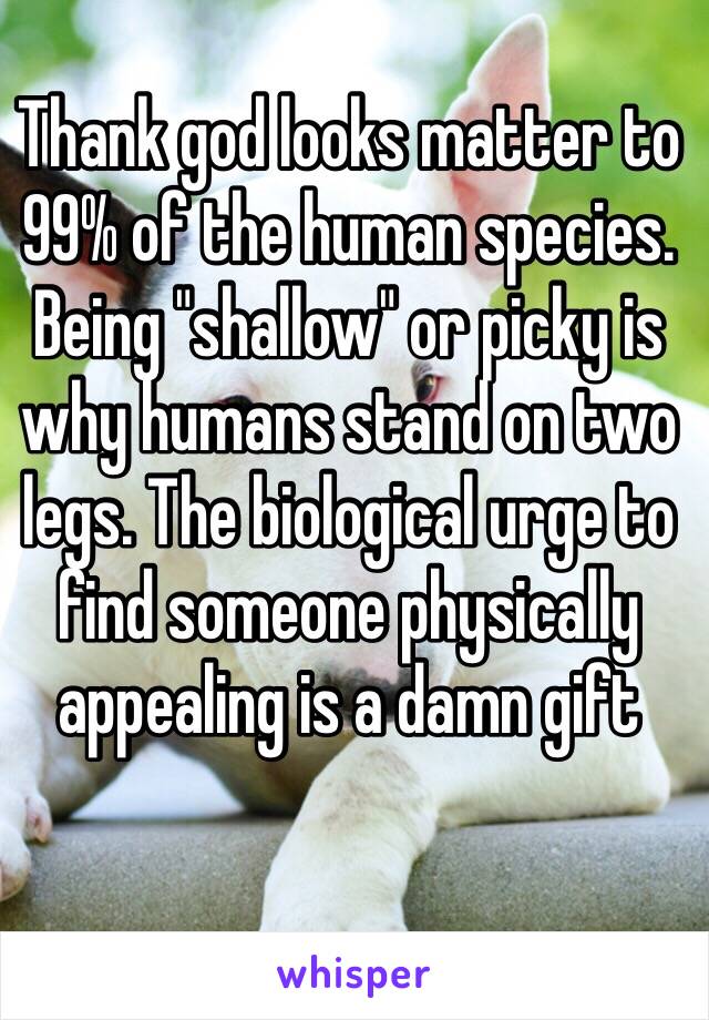 Thank god looks matter to 99% of the human species. Being "shallow" or picky is why humans stand on two legs. The biological urge to find someone physically appealing is a damn gift 