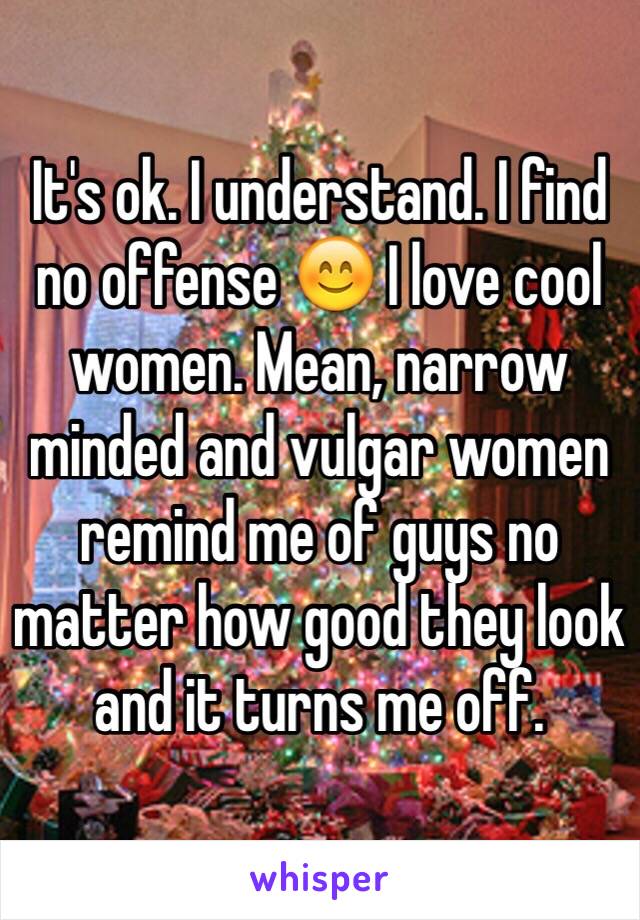 It's ok. I understand. I find no offense 😊 I love cool women. Mean, narrow minded and vulgar women remind me of guys no matter how good they look and it turns me off. 