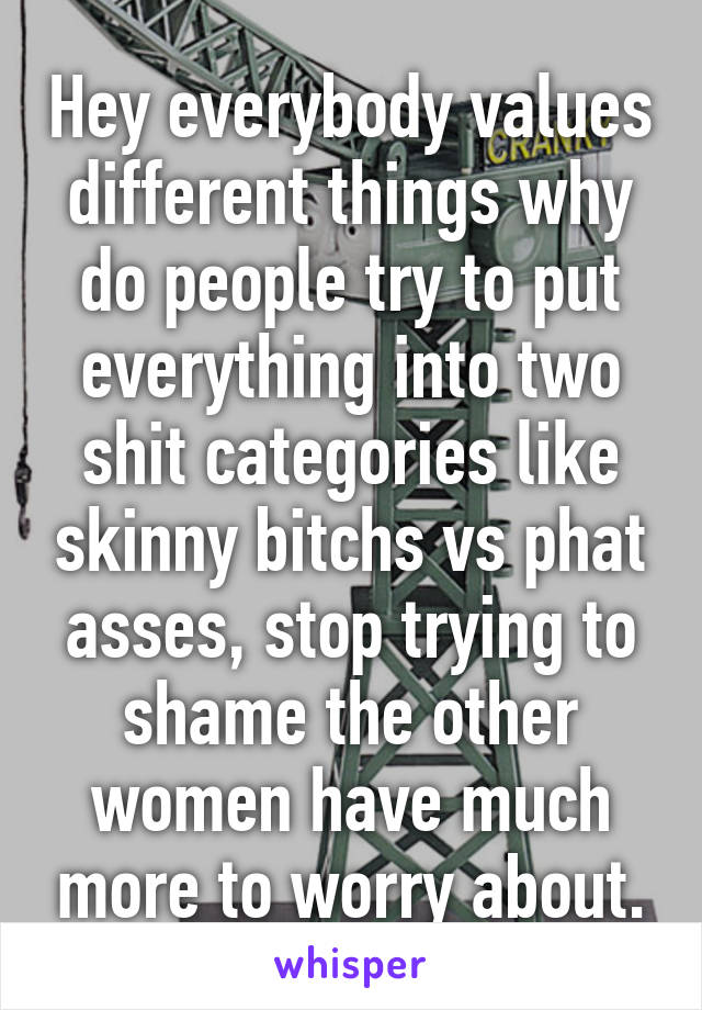 Hey everybody values different things why do people try to put everything into two shit categories like skinny bitchs vs phat asses, stop trying to shame the other women have much more to worry about.