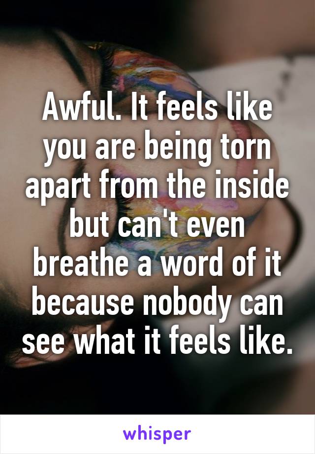 Awful. It feels like you are being torn apart from the inside but can't even breathe a word of it because nobody can see what it feels like.