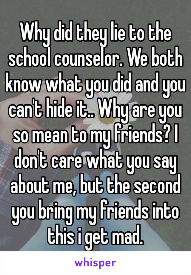 Why did they lie to the school counselor. We both know what you did and you can't hide it.. Why are you so mean to my friends? I don't care what you say about me, but the second you bring my friends into this i get mad.