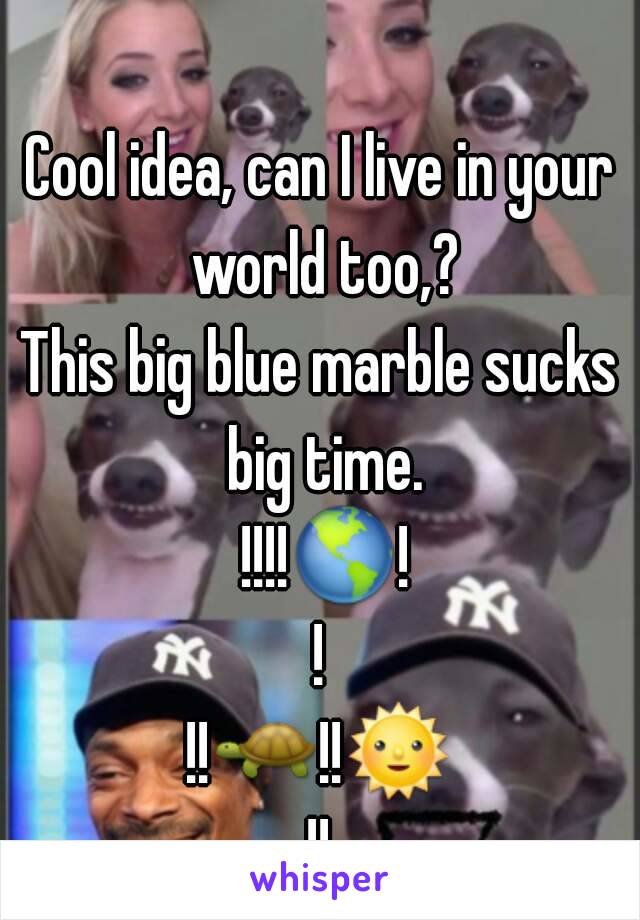 Cool idea, can I live in your world too,?
This big blue marble sucks big time. !!!!🌎!!
!!🐢!!🌞!!