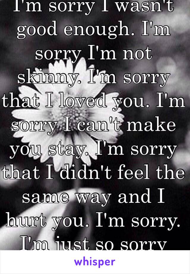 I'm sorry I wasn't good enough. I'm sorry I'm not skinny. I'm sorry that I loved you. I'm sorry I can't make you stay. I'm sorry that I didn't feel the same way and I hurt you. I'm sorry. I'm just so sorry