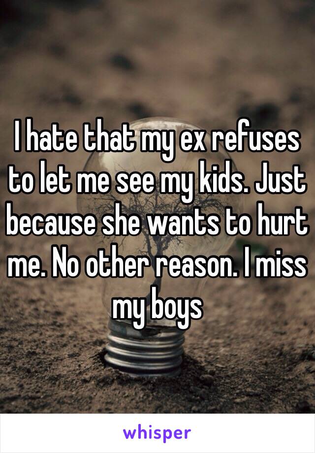 I hate that my ex refuses to let me see my kids. Just because she wants to hurt me. No other reason. I miss my boys