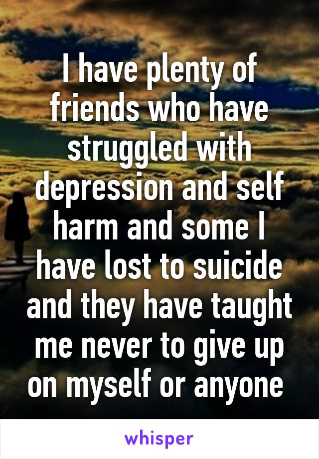 I have plenty of friends who have struggled with depression and self harm and some I have lost to suicide and they have taught me never to give up on myself or anyone 