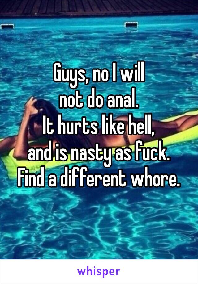 Guys, no I will
not do anal.
It hurts like hell,
and is nasty as fuck.
Find a different whore.
