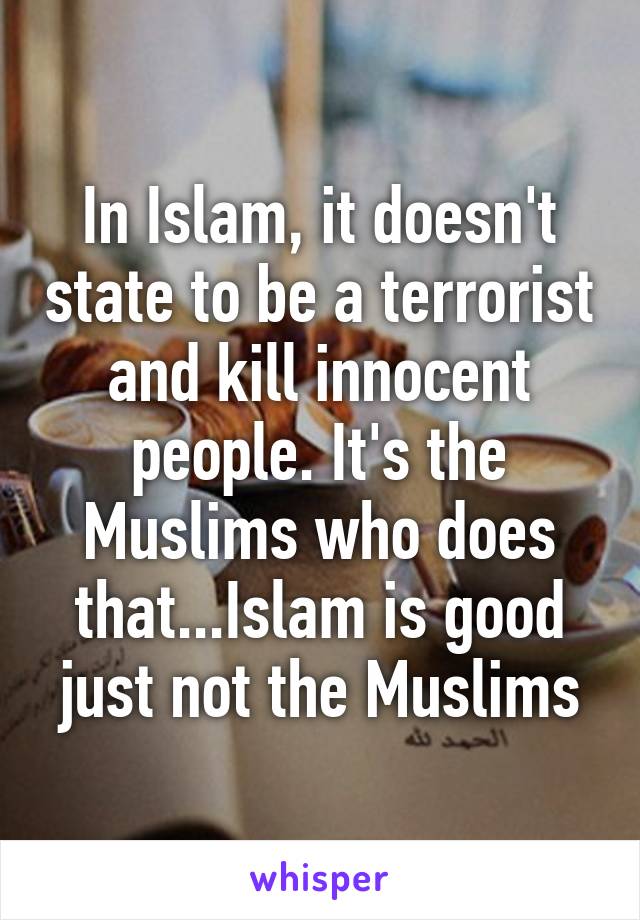 In Islam, it doesn't state to be a terrorist and kill innocent people. It's the Muslims who does that...Islam is good just not the Muslims