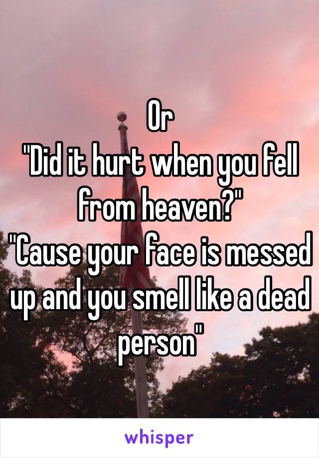 Or
"Did it hurt when you fell from heaven?" 
"Cause your face is messed up and you smell like a dead person"