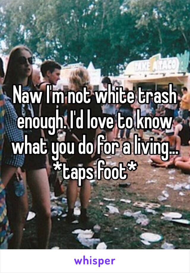 Naw I'm not white trash enough. I'd love to know what you do for a living... *taps foot*