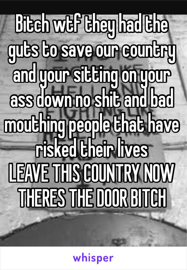 Bitch wtf they had the guts to save our country and your sitting on your ass down no shit and bad mouthing people that have risked their lives 
LEAVE THIS COUNTRY NOW
THERES THE DOOR BITCH 