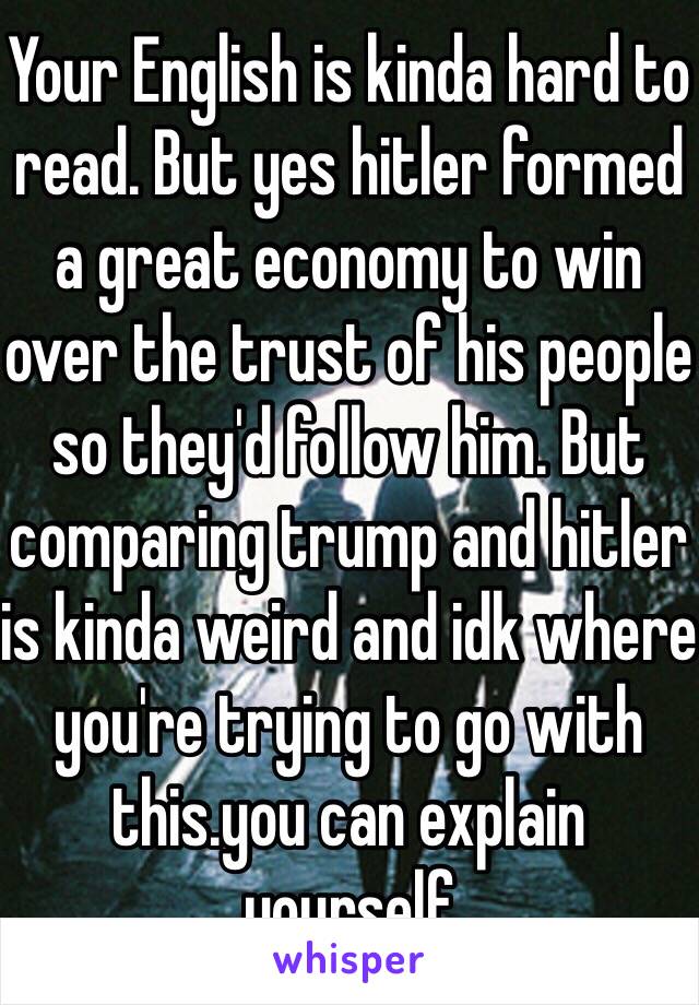 Your English is kinda hard to read. But yes hitler formed a great economy to win over the trust of his people so they'd follow him. But comparing trump and hitler is kinda weird and idk where you're trying to go with this.you can explain yourself 