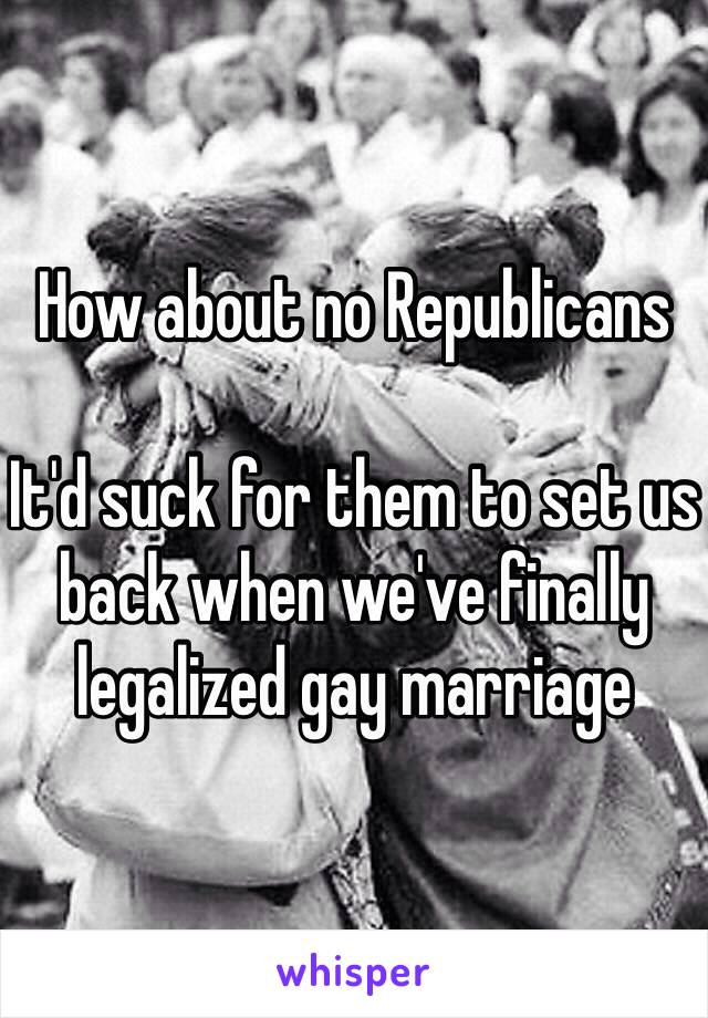 How about no Republicans

It'd suck for them to set us back when we've finally legalized gay marriage 