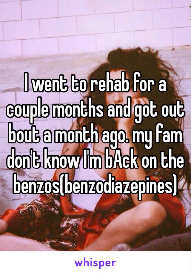 I went to rehab for a couple months and got out bout a month ago. my fam don't know I'm bAck on the benzos(benzodiazepines)