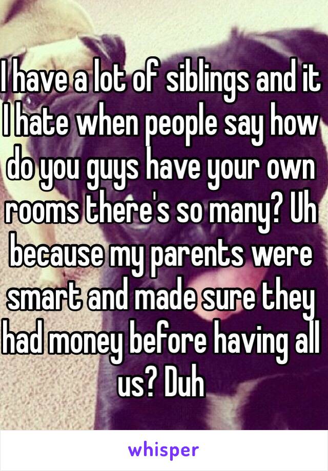 I have a lot of siblings and it I hate when people say how do you guys have your own rooms there's so many? Uh because my parents were smart and made sure they had money before having all us? Duh 