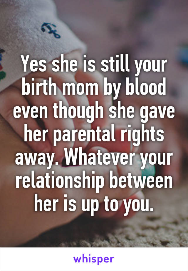 Yes she is still your birth mom by blood even though she gave her parental rights away. Whatever your relationship between her is up to you.