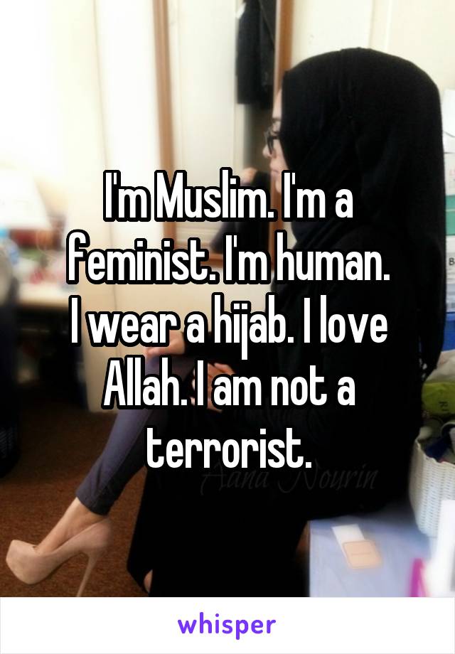 I'm Muslim. I'm a feminist. I'm human.
I wear a hijab. I love Allah. I am not a terrorist.